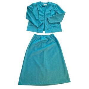 VTG 80s Pablo Collection Teal Skirt Suit Set 2pc Cropped Blazer Midi Size 10 USA